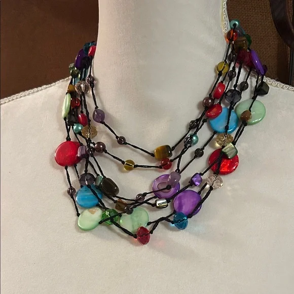 Colorful Multi Strand Boho Necklace – Festival Statement Jewelry w/Bright Beads - Picture 2 of 9